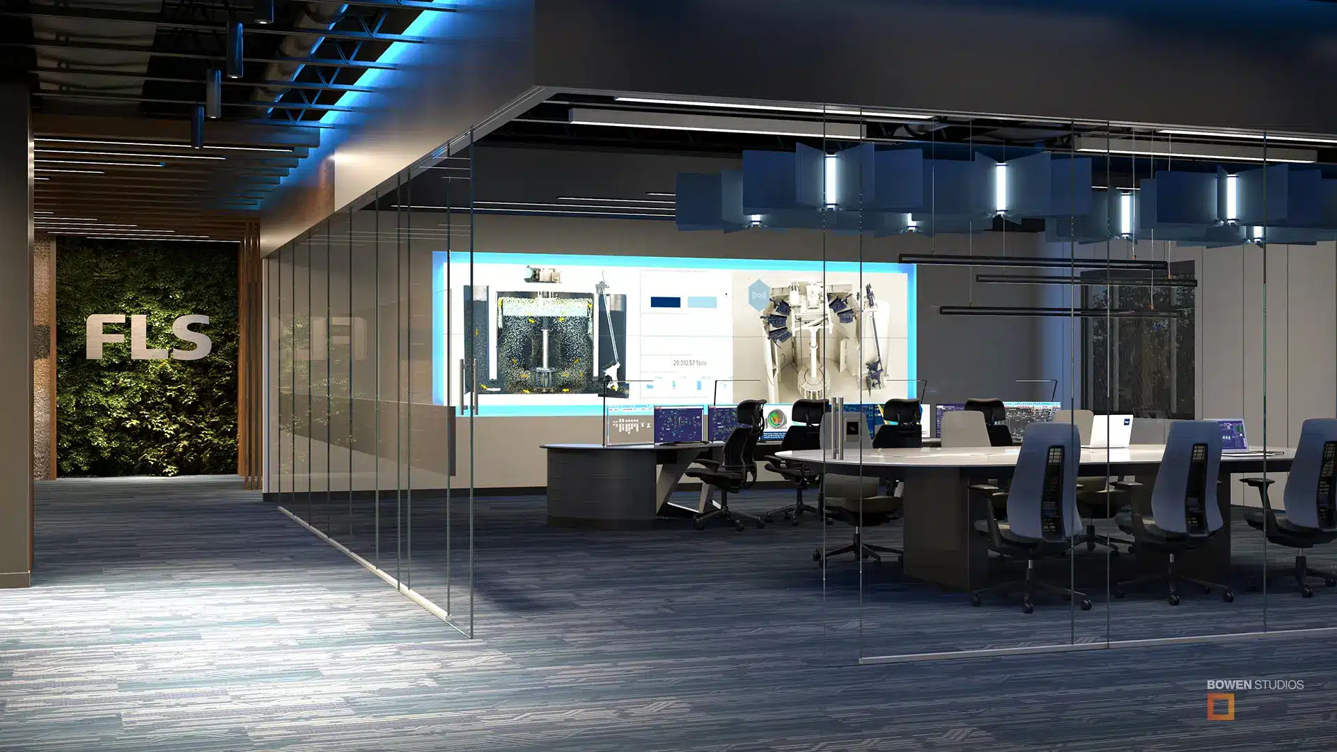 This image depicts a modern, high-tech office space featuring a glass-walled conference room with a large digital display and a green living wall branded with the FLS logo in the hallway.