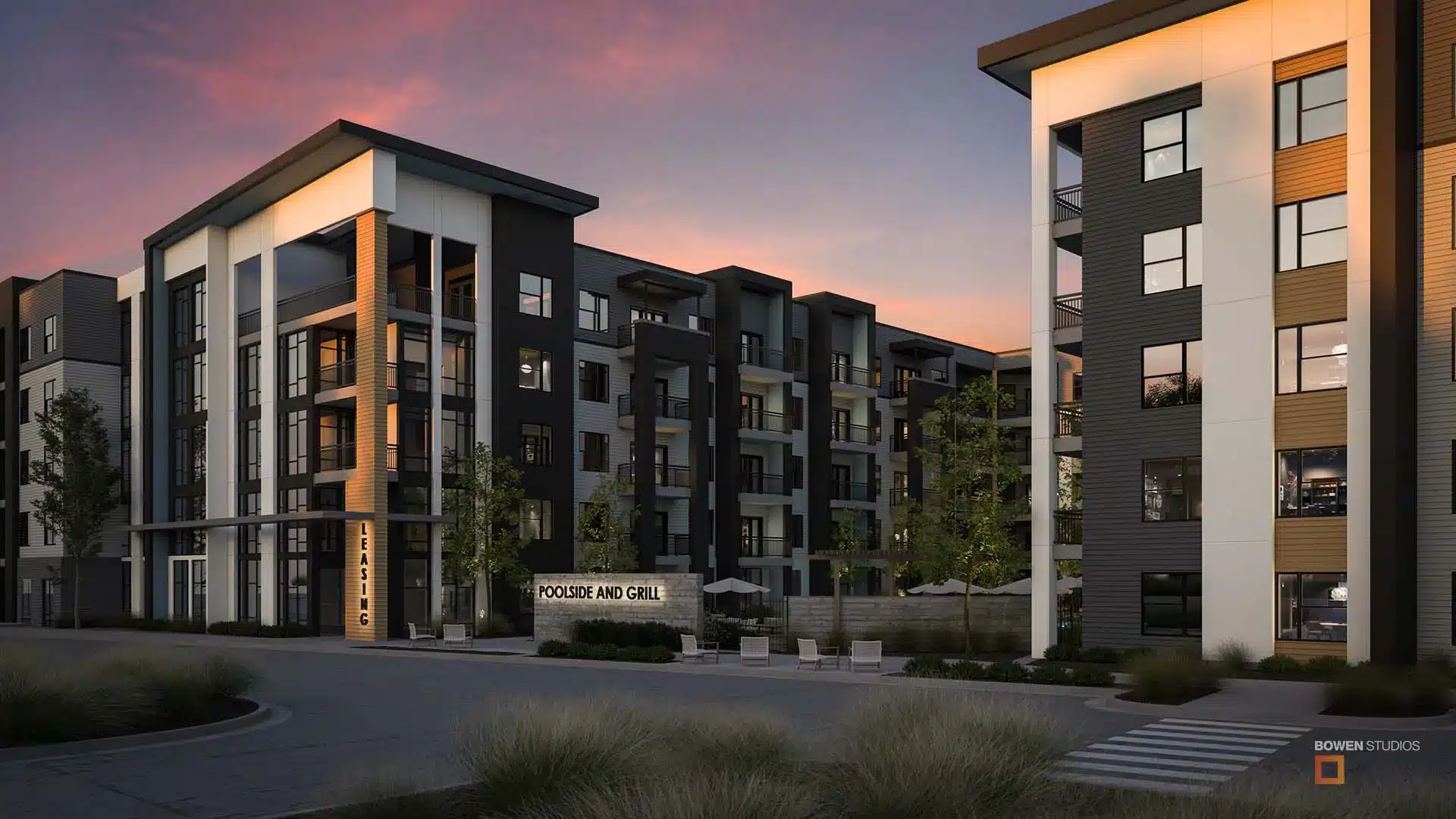 3D renderings of multi-family housing offer a comprehensive and realistic view of the entire property, highlighting individual units, shared amenities, and overall design.